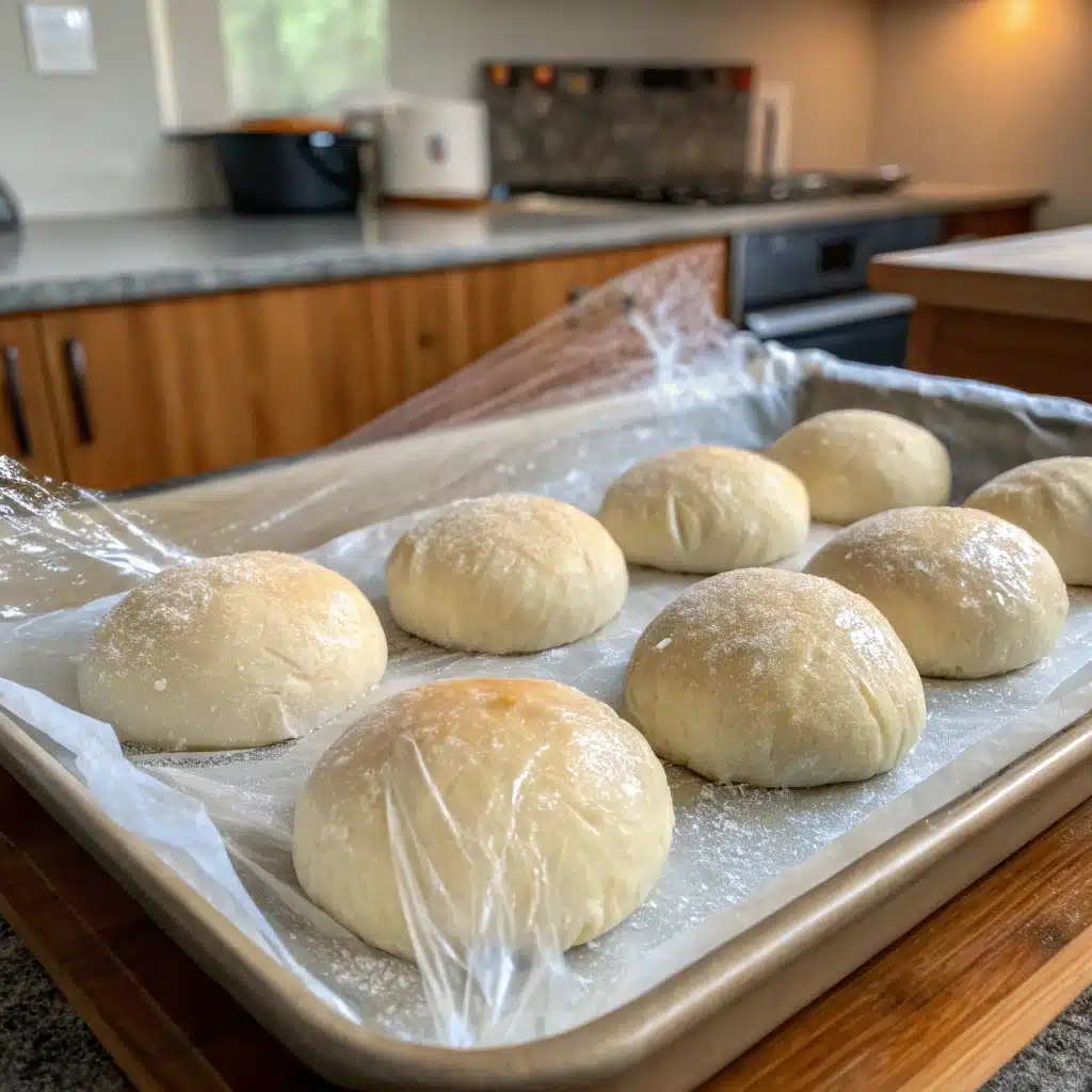 Gluten free buns rising on a baking sheet under plastic wrap