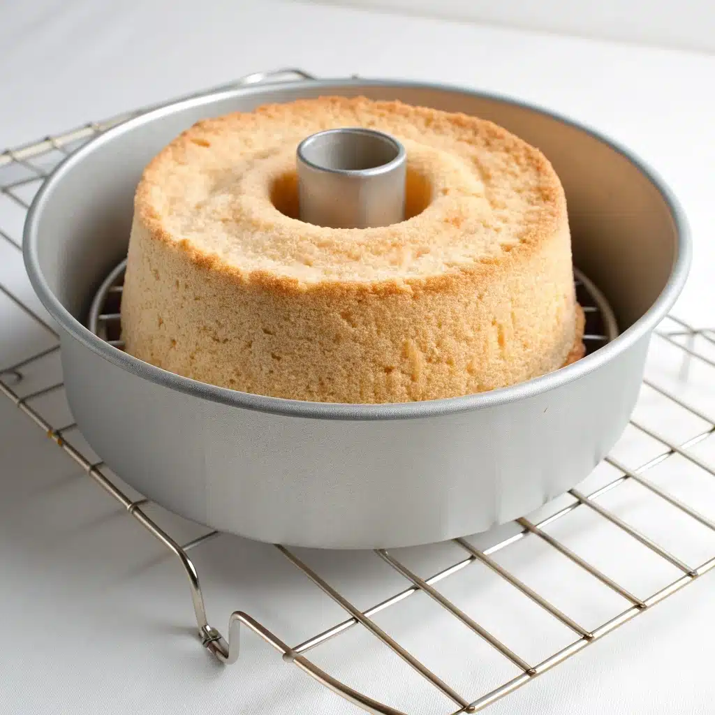 Gluten-free angel food cake cooling upside down