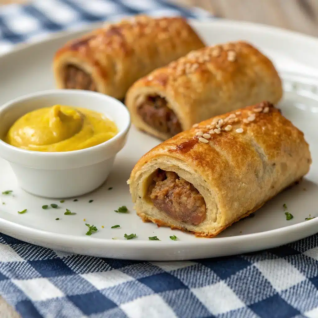 Served gluten-free sausage rolls with mustard