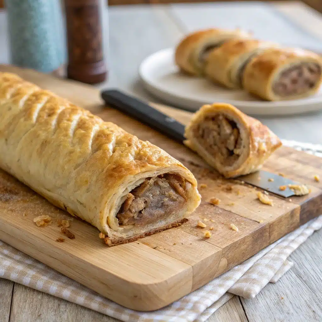 Cut gluten-free sausage rolls on baking tray