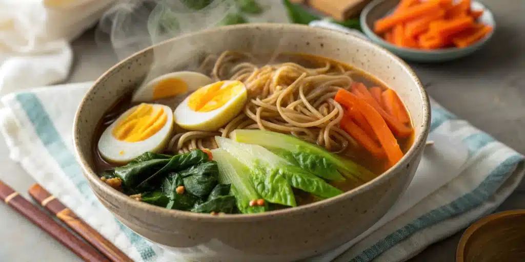 homemade gluten-free buckwheat ramen with vegetables and egg