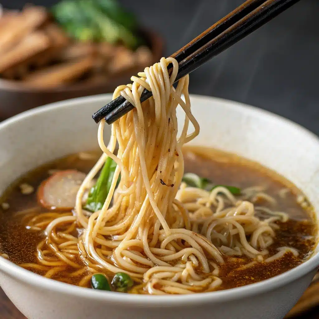 adding broth to ramen pot