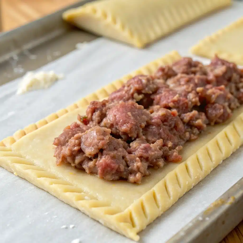 Sausage meat filling on gluten-free pastry