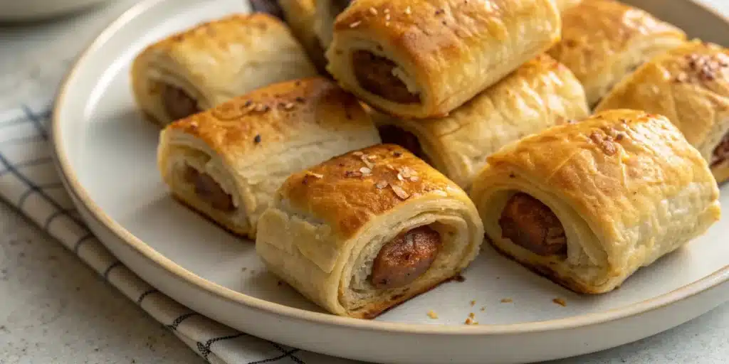 Golden gluten-free sausage rolls on wooden board