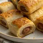 Golden gluten-free sausage rolls on wooden board