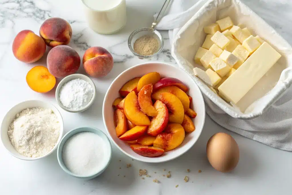 Ingredients for making a homemade gluten-free peach cobbler from scratch.