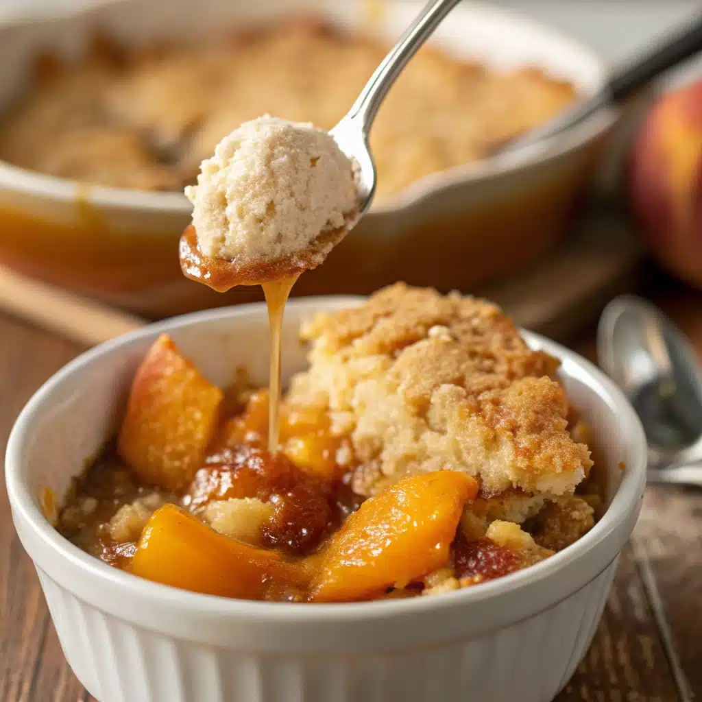 A warm serving of gluten-free peach cobbler topped with a scoop of melting vanilla ice cream.
