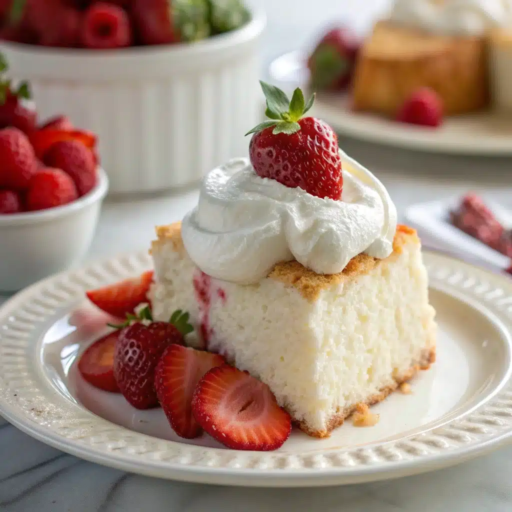 Gluten-free angel food cake slice with whipped cream