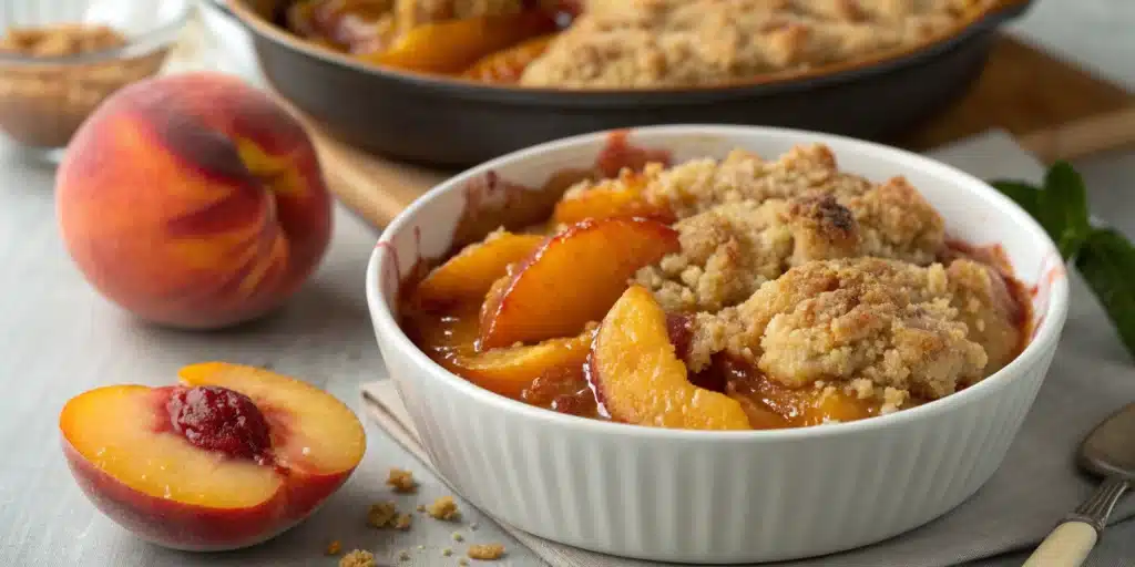 A delicious gluten-free peach cobbler in a cast-iron skillet, fresh from the oven.