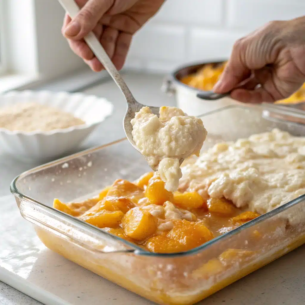 Assembling the gluten-free peach cobbler by dropping batter on the filling.