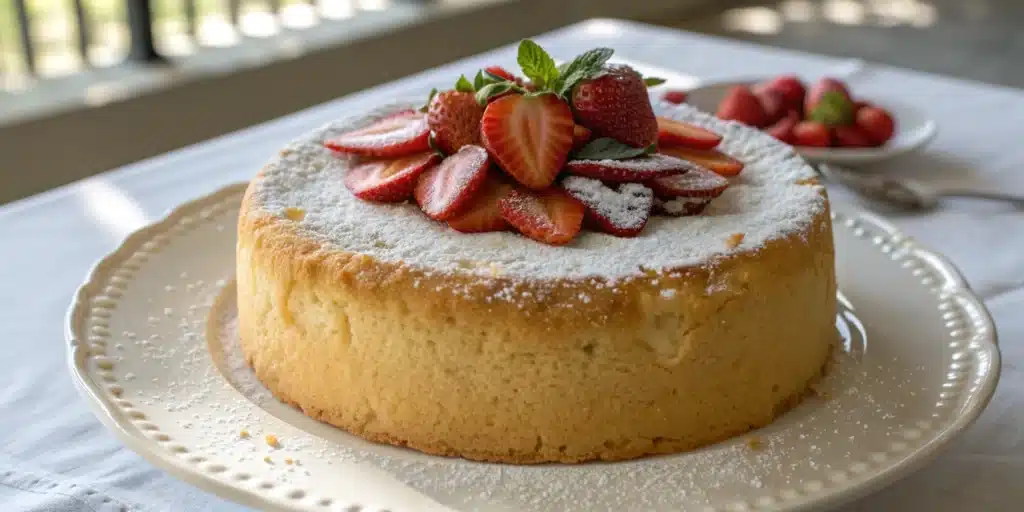 Gluten-free angel food cake on a plate with strawberries