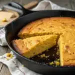 golden-brown gluten-free cornbread baked in a black cast-iron skillet.