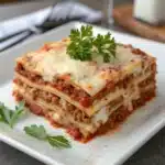 A perfectly layered square slice of gluten-free lasagna on a white plate.