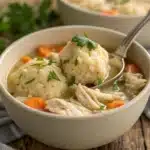 A single serving of gluten-free chicken and dumplings in a bowl.