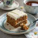 A perfect slice of gluten-free carrot cake with cream cheese frosting on a plate.