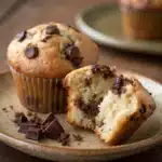 A gluten-free chocolate chip muffin split in half to show the soft, fluffy inside.