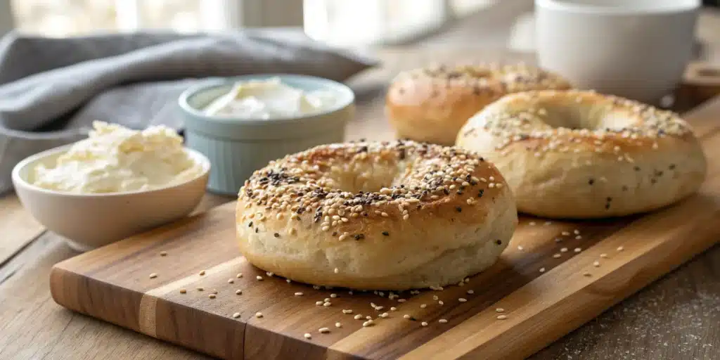 A beautiful stack of golden-brown Gluten-Free Air Fryer Bagels on a rustic wooden board.