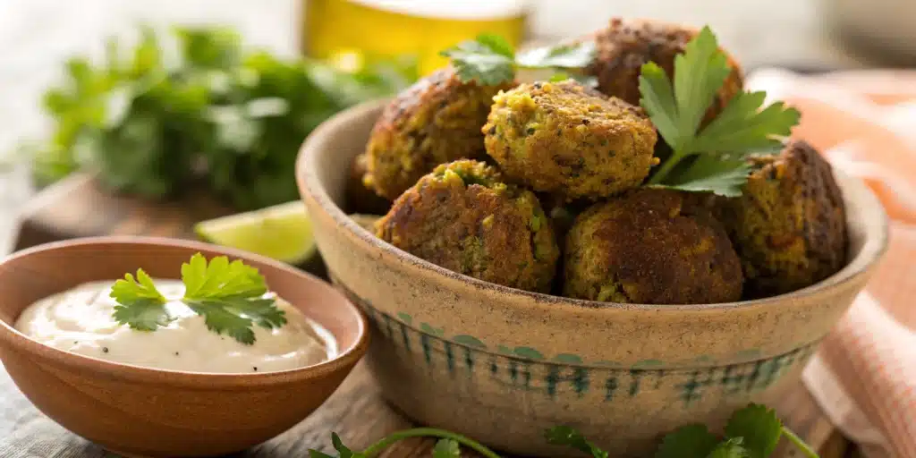 A vibrant bowl of homemade Gluten-Free Air Fryer Falafel, golden brown and crispy, garnished with fresh herbs.