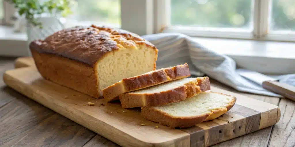 A sliced loaf of homemade gluten-free Zero Carb Yogurt Bread on a wooden board.