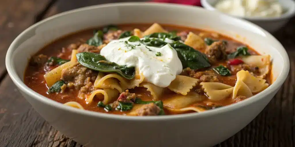 A hearty bowl of Gluten Free Lasagna Soup topped with a generous scoop of creamy ricotta cheese and fresh basil.