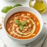 A perfect bowl of Creamy Tomato White Bean Stew on a clean white background.