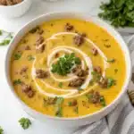 A perfect bowl of creamy gluten free cheeseburger soup, garnished and ready to eat.