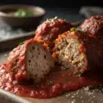 A juicy Gluten-Free Meatball cut in half to show the tender inside, coated in sauce.