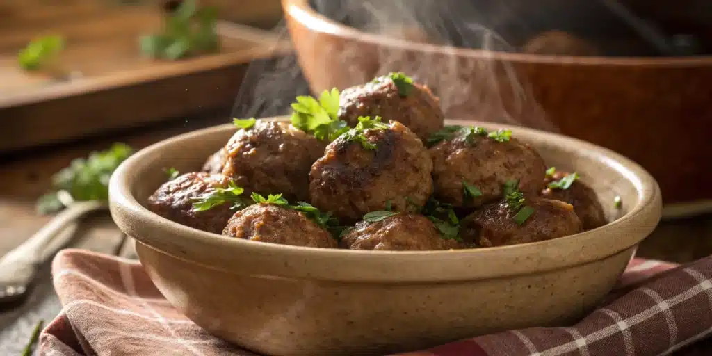 A rustic bowl filled with juicy, homemade Gluten-Free Meatballs, garnished with parsley.