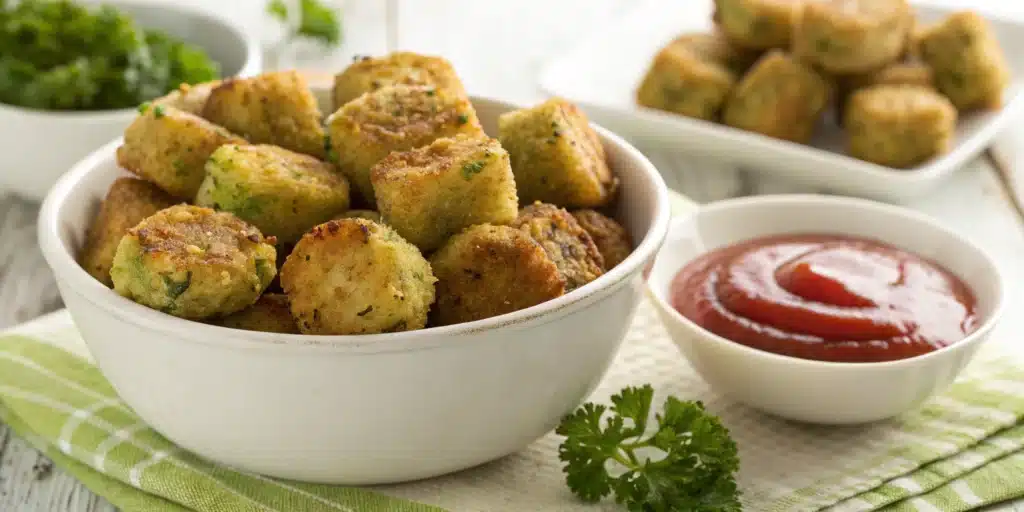 A white bowl filled with crispy, golden-brown homemade Broccoli Tots ready to be eaten.