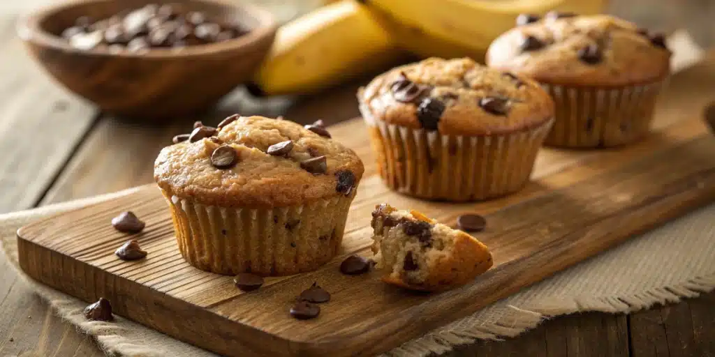 A beautiful arrangement of moist Gluten-Free Banana Muffins studded with chocolate chips.