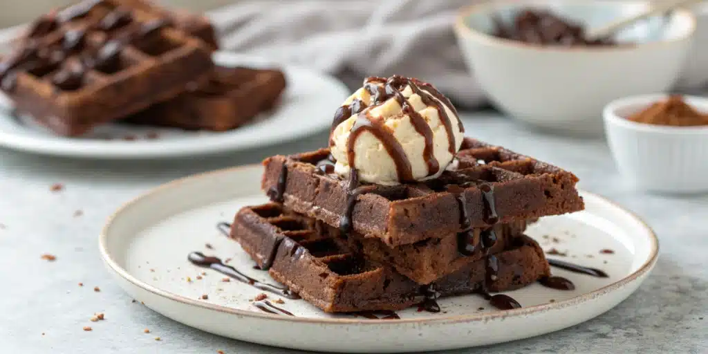 Fudgy gluten free brownie waffles stacked with a melting scoop of vanilla ice cream.