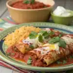 Two perfectly served gluten free enchiladas on a plate with melted cheese and cilantro.