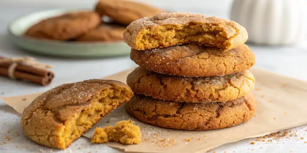 A beautiful stack of homemade Chewy Pumpkin Cookies with crinkly, spiced tops.