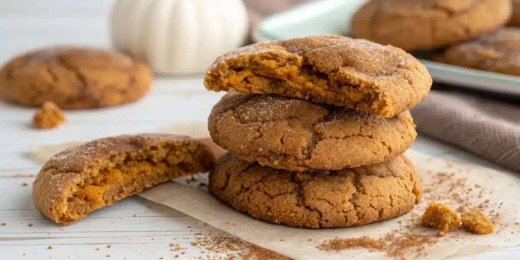 A beautiful stack of homemade Chewy Pumpkin Cookies with crinkly, spiced tops.