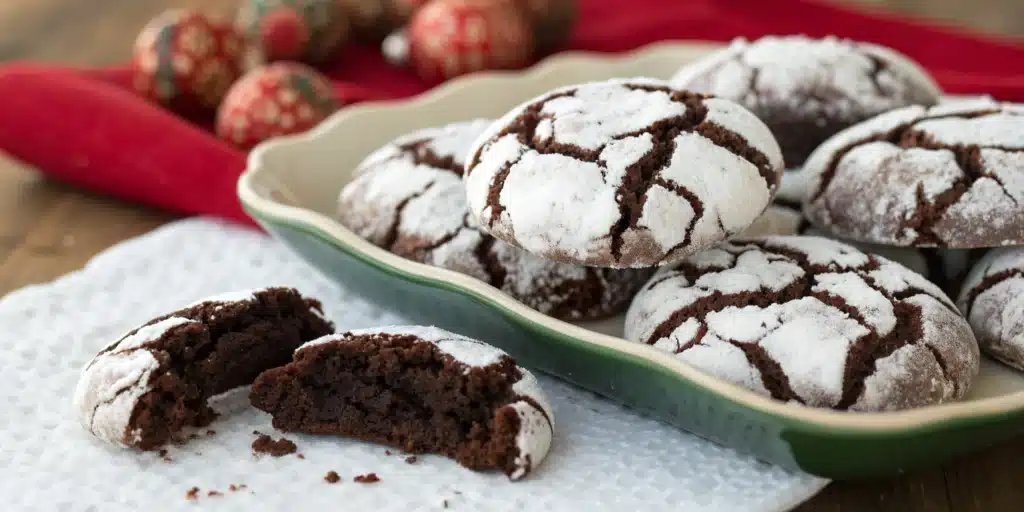 A beautiful platter of homemade Gluten-Free Chocolate Crinkle Cookies with fudgy centers.