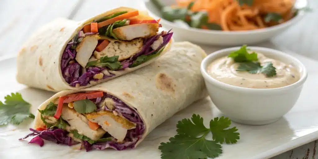 A delicious Gluten-Free Chicken Wrap cut in half to show the colorful filling.