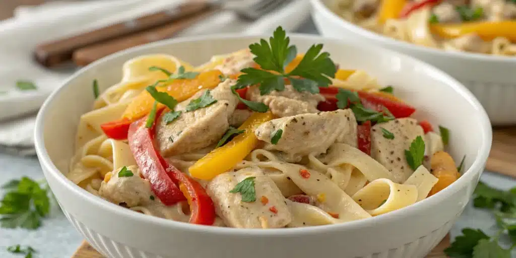 A large white bowl filled with creamy, dairy-free Cashew Cream Cajun Chicken Pasta.