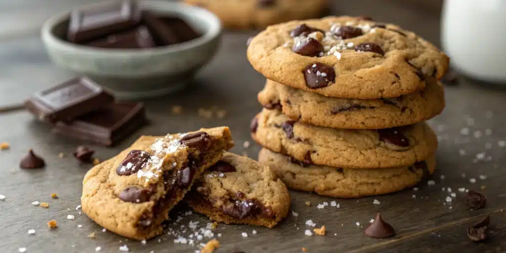 A beautiful stack of chewy Gluten-Free Chocolate Chip Cookies with melted chocolate and sea salt.
