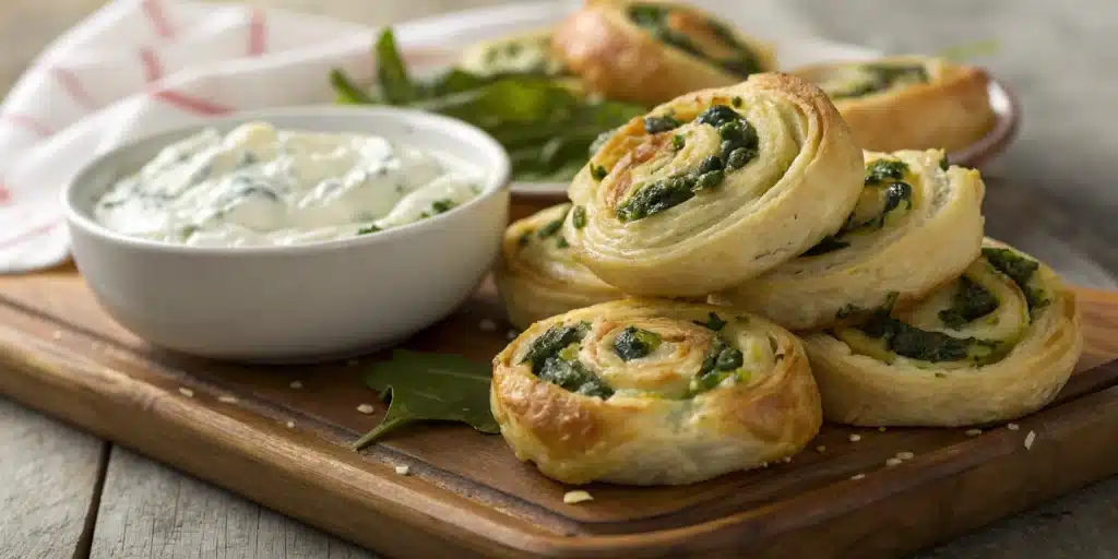 A platter of flaky, golden-brown Gluten-Free Spinach and Feta Pinwheels with a yogurt dip.