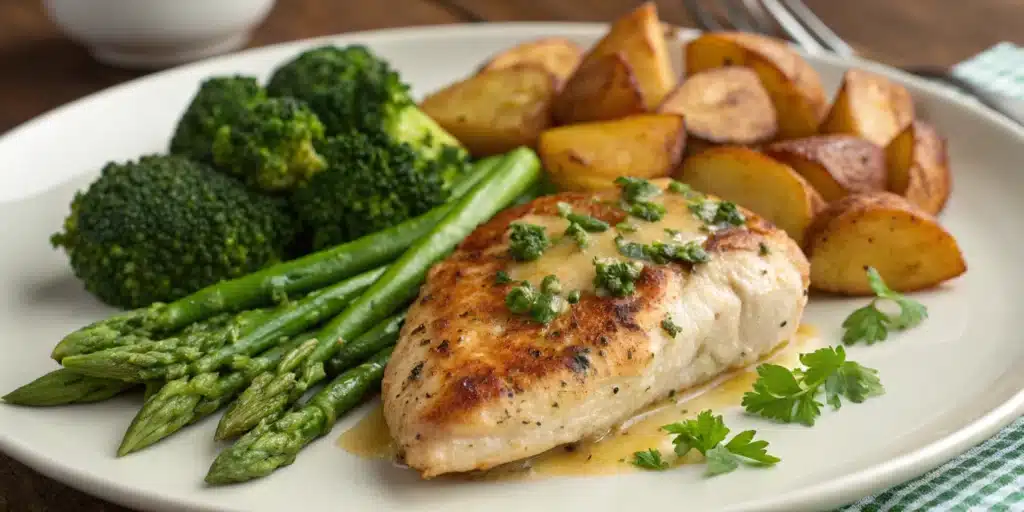 A healthy plate of Sheet Pan Garlic Butter Chicken and Veggies.