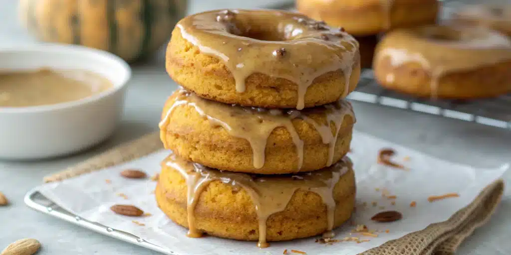 A stack of perfectly glazed Gluten-Free Pumpkin Donuts on a board.