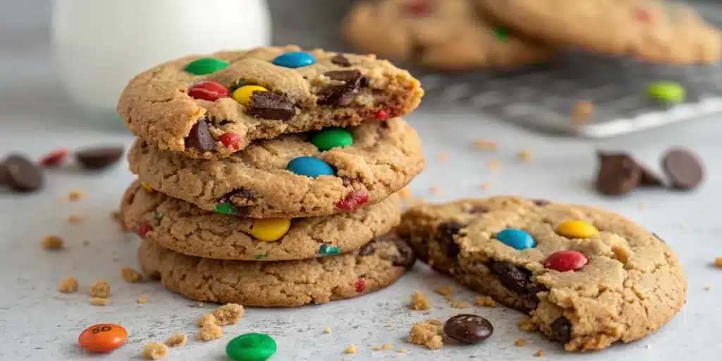 A beautiful stack of chewy Gluten Free Monster Cookies packed with colorful candies.