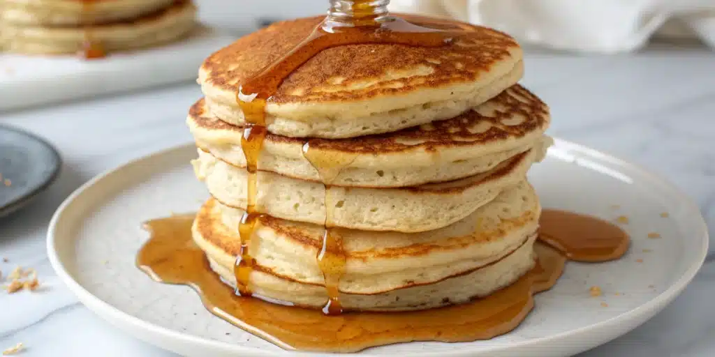 A tall, fluffy stack of Gluten-Free Oat Flour Pancakes with maple syrup and blueberries.
