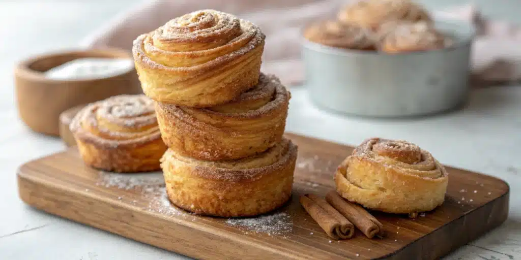 A stack of golden Gluten Free Cruffins coated in cinnamon sugar.