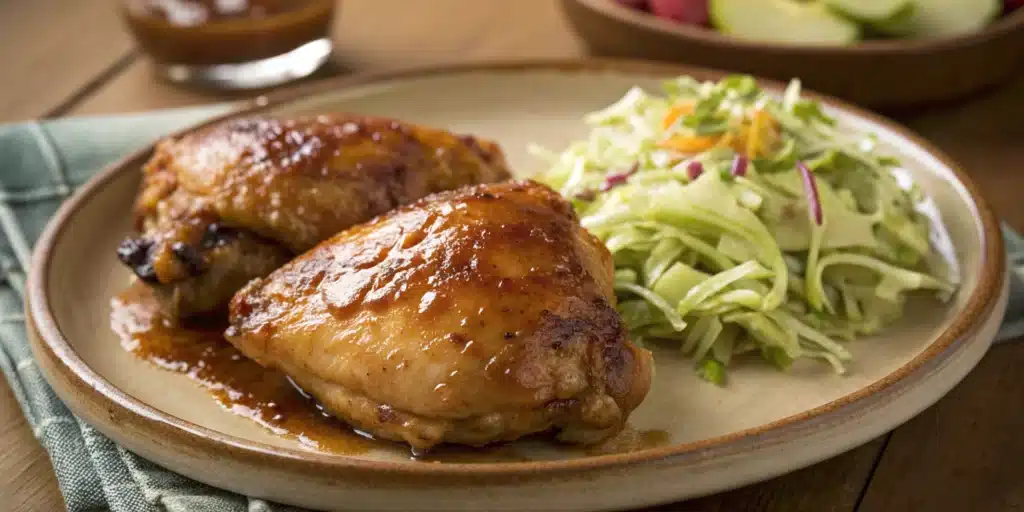 Sticky apple cider glazed chicken thighs served with a side of apple cabbage slaw.
