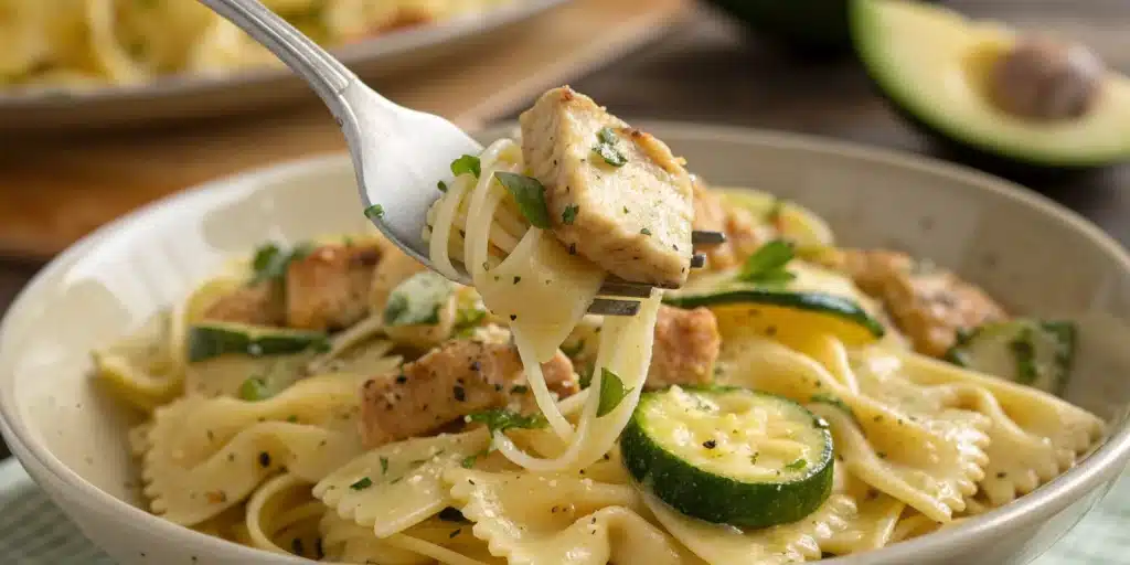 A fresh and vibrant bowl of Gluten-Free and Dairy-Free Lemon Chicken Pasta.