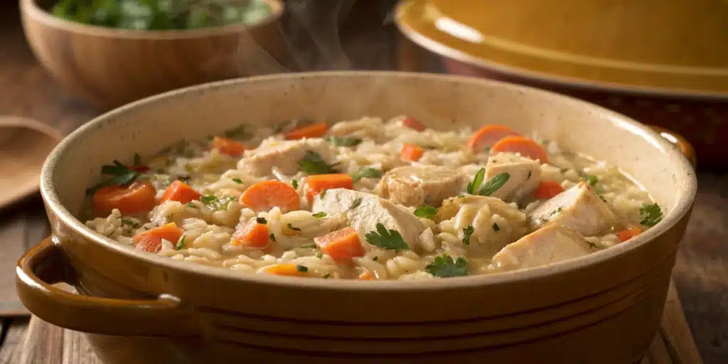 A large pot of creamy Gluten Free Cozy One-Pot Chicken and Rice with carrots and parsley.