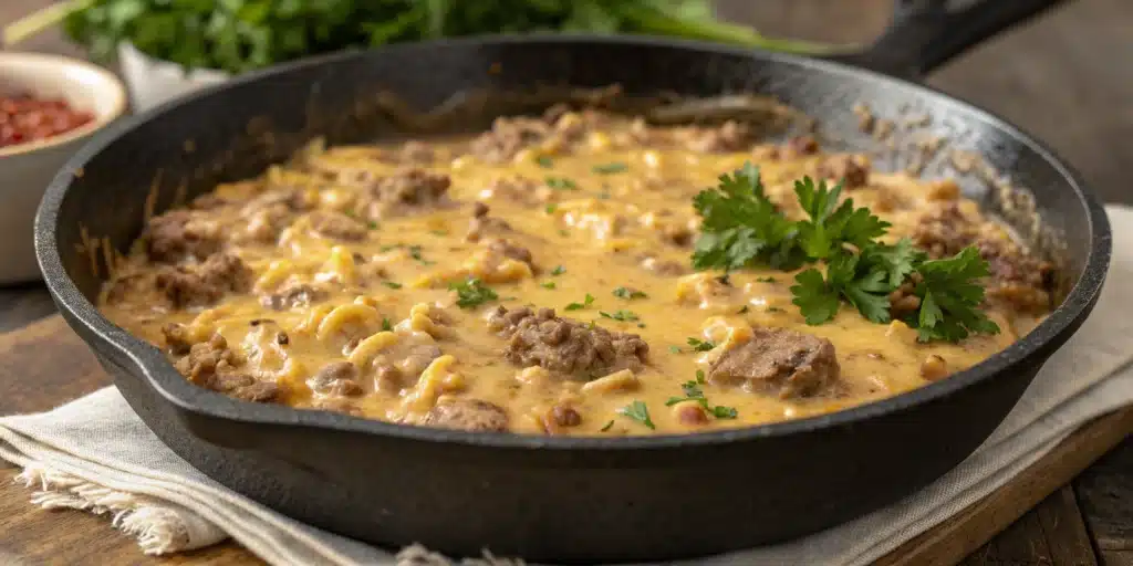 A cast-iron skillet filled with creamy, homemade Gluten-Free Hamburger Helper.