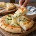 A slice of soft Garlic Gluten Free Pizza Bread being pulled apart.