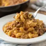 A close-up serving of creamy Gluten-Free Hamburger Helper on a plate.